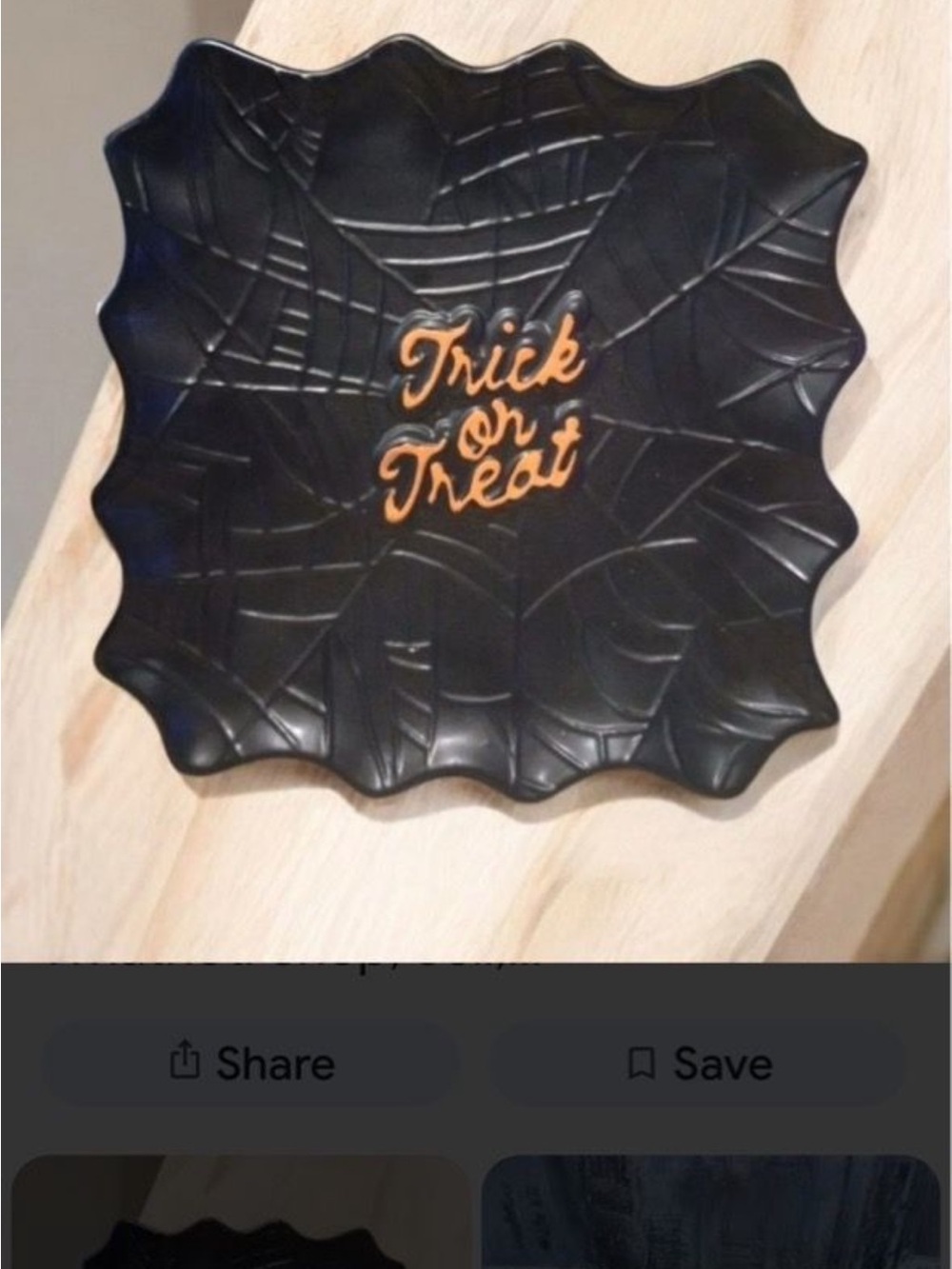 Black Halloween Spiderweb Serving Tray with Orange "Trick on Treat" Lettering